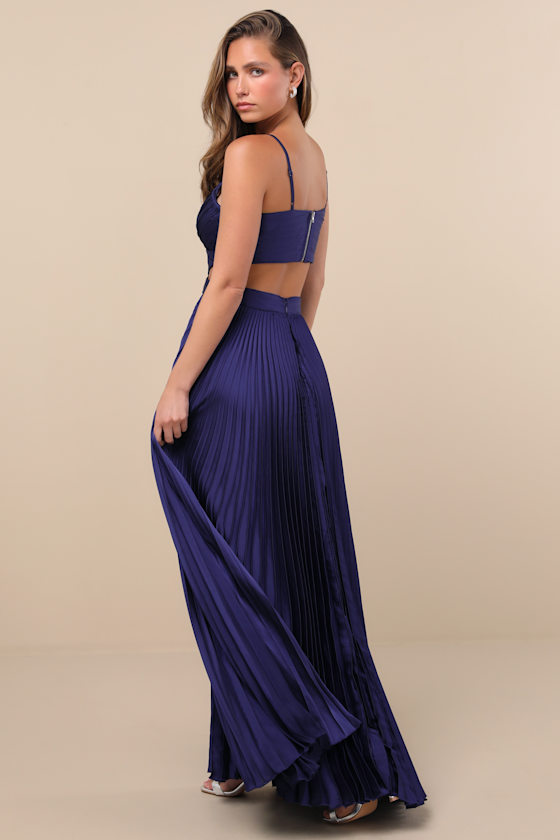 Got the Glam Navy Blue Pleated Cutout Maxi Dress
