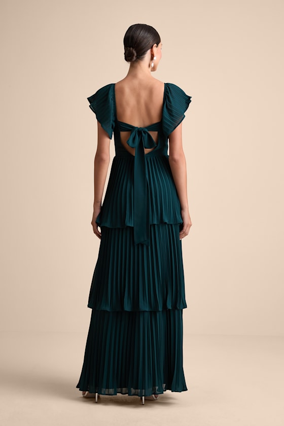 Notorious Charm Emerald Pleated Flutter Sleeve Maxi Dress