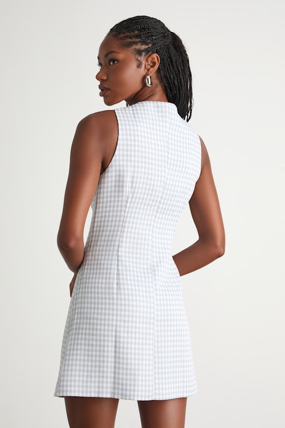Aloriana Light Blue Gingham Tweed Button-Front Mini Dress