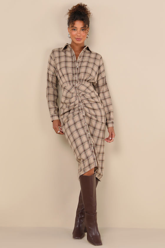 Seasonal Spirit Taupe Plaid Ruched Long Sleeve Midi Dress