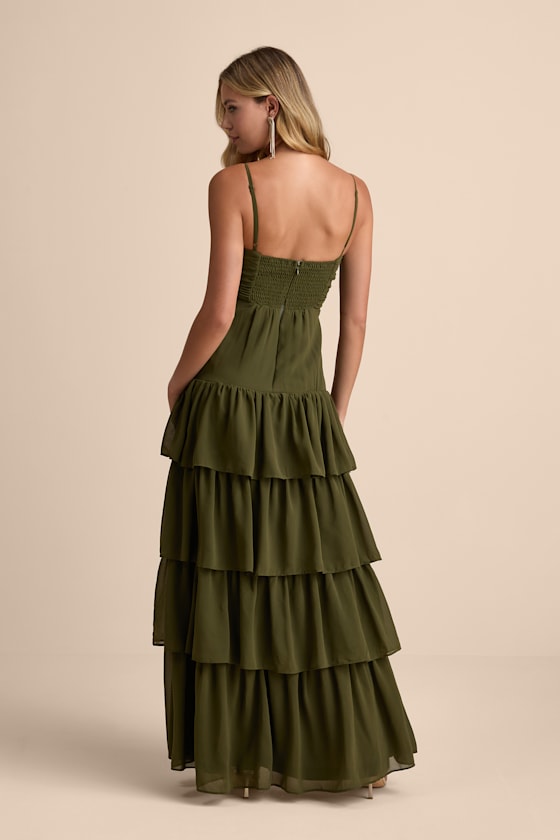 Gorgeous Influence Olive Green Tiered Maxi Dress