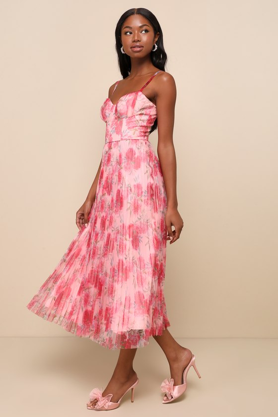 Alluring Invite Light Pink Floral Pleated Bustier Midi Dress