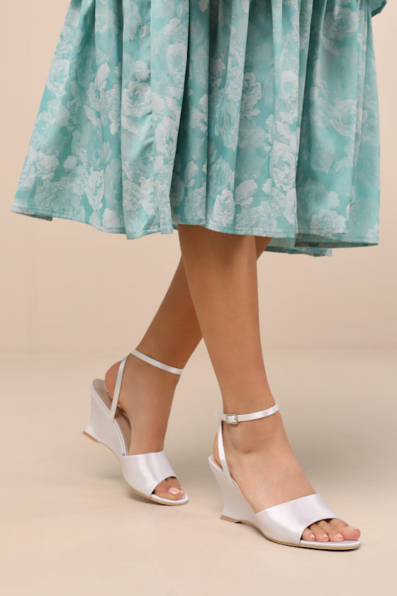Chiarina White Satin Ankle Strap Wedge Sandals