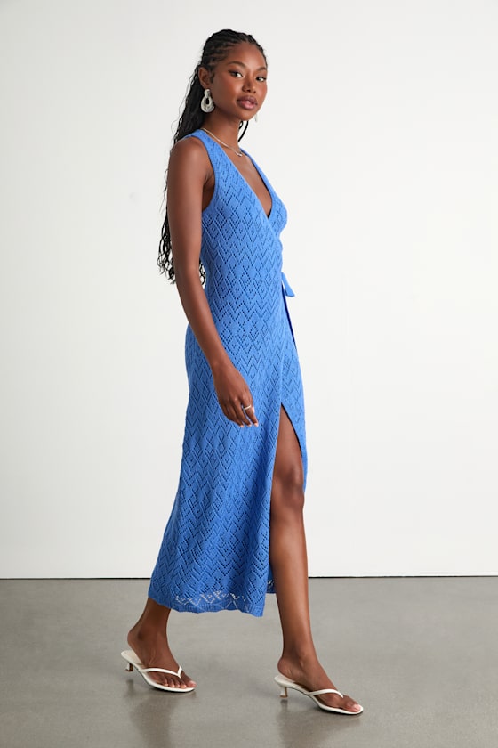 Kasper Blue Pointelle Knit Wrap Midi Dress