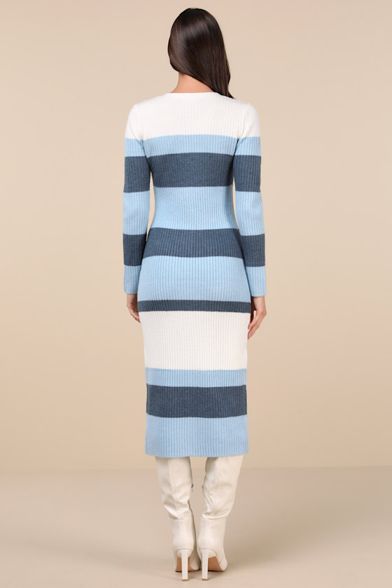 Comfy Darling Blue Striped Button-Up Midi Sweater Dress