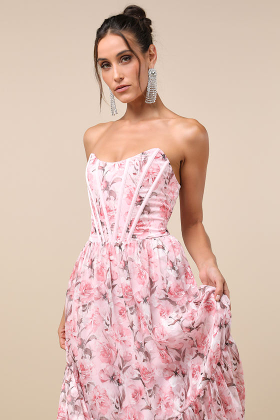 Special Moment Pink Floral Strapless Bustier Maxi Dress