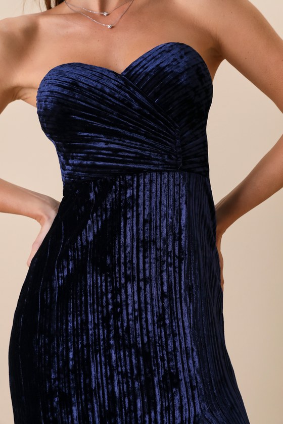 Classy Sensation Navy Blue Velvet Pleated Strapless Maxi Dress