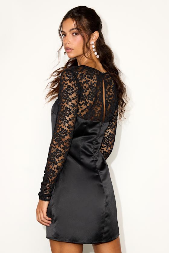 Prettiest Behavior Black Satin Lace Long Sleeve Mini Dress