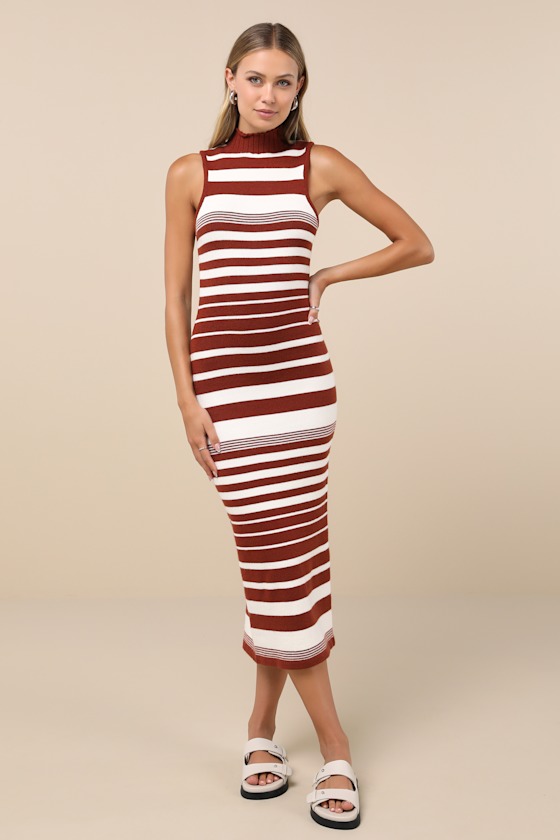 Easy-Going Excellence Ivory Striped Mock Neck Midi Sweater Dress