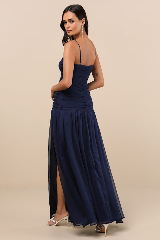 Ronna Navy Ruched Drop Waist Maxi Dress