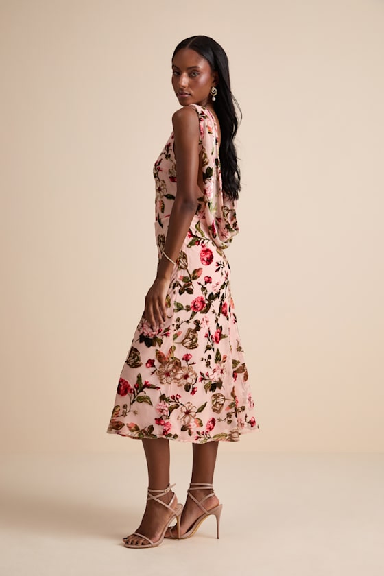 Florina Blush Floral Velvet Floral Burnout Cowl Back Midi Dress