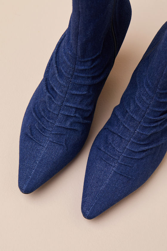 Klint Denim Ruched Pointed-Toe Ankle Boots