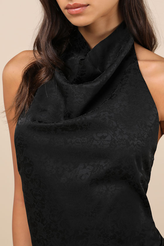 Simply a Stunner Black Jacquard Cowl Backless Mini Dress