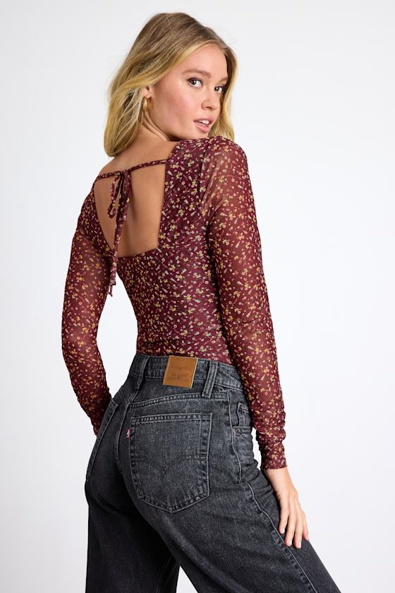 Adoring Desire Burgundy Floral Print Mesh Ruched Bodysuit