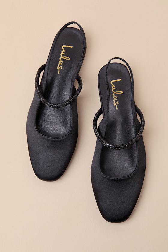 Clea Black Satin Rhinestone Slingback Flats