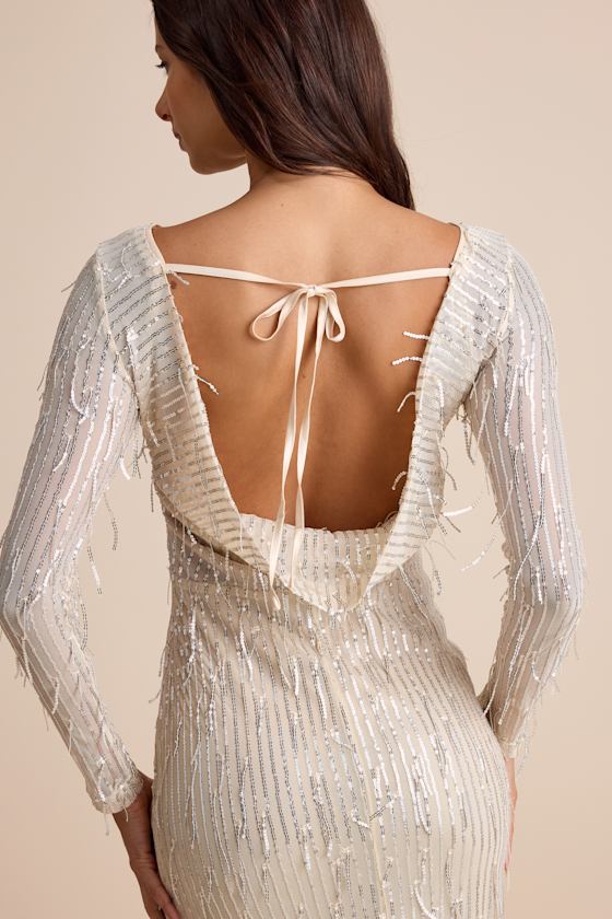 Glittery Devotion Champagne Sequin Fringe Maxi Dress