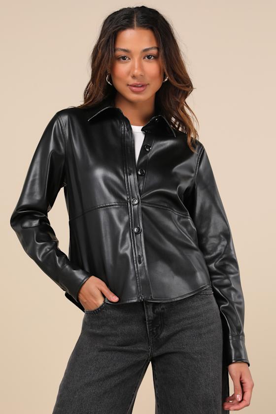 Polished Attitude Black Vegan Leather Button-Up Top