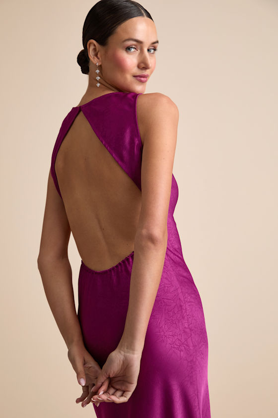 Alisha Magenta Crinkle Satin Backless Maxi Dress