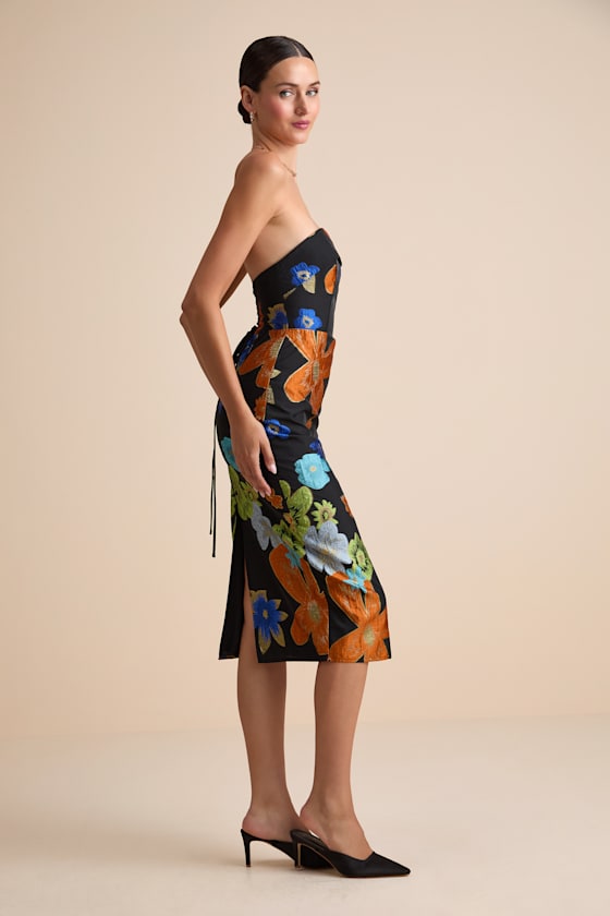 Wesson Black Floral Jacquard Lace-Up Strapless Midi Dress