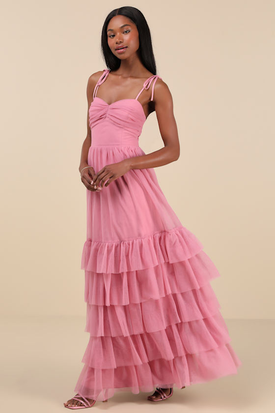Endlessly Darling Dusty Rose Mesh Tiered Tie-Strap Maxi Dress