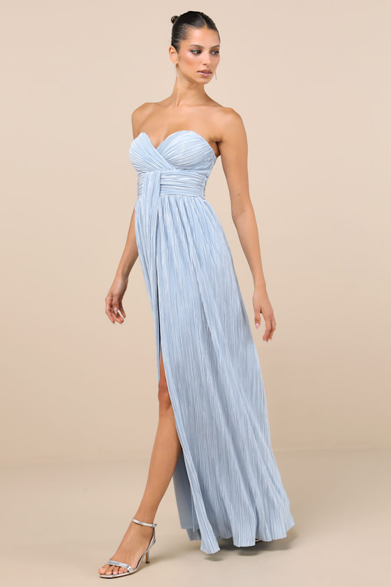 Oswin Light Blue Satin Plisse Strapless Maxi Dress