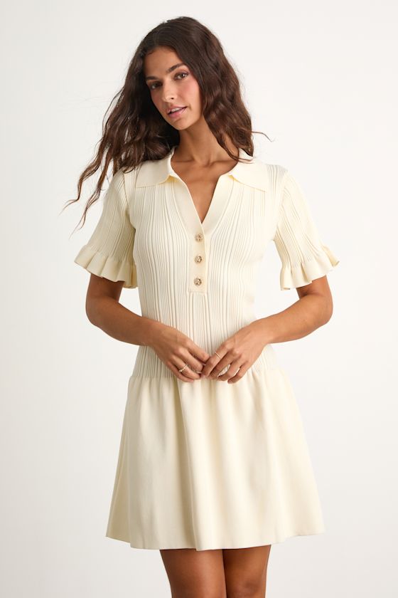 Yavina Cream Collared Skater Sweater Mini Dress
