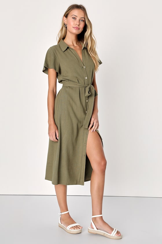 Italian Summer Olive Green Linen Button-Up Short Sleeve Dress