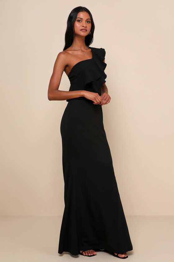 Grand Beauty Black Ruffled One-Shoulder Mermaid Maxi Dress