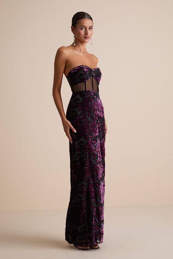 Breathtaking View Black Mesh Burnout Velvet Strapless Maxi Dress