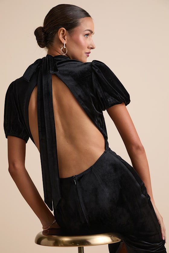 Fabulous Intuition Black Velvet Backless Column Midi Dress