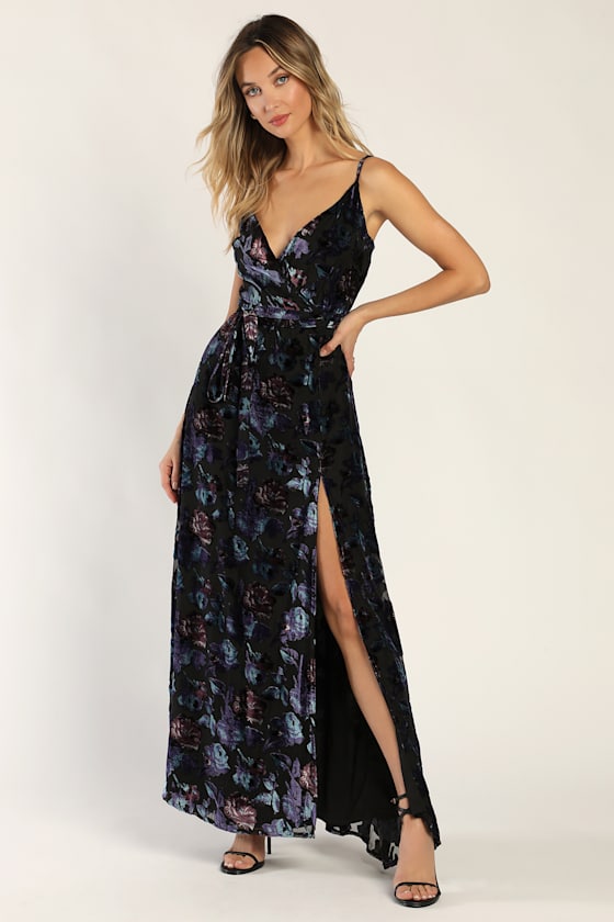 Pretty Companion Black Floral Velvet Burnout Maxi Dress