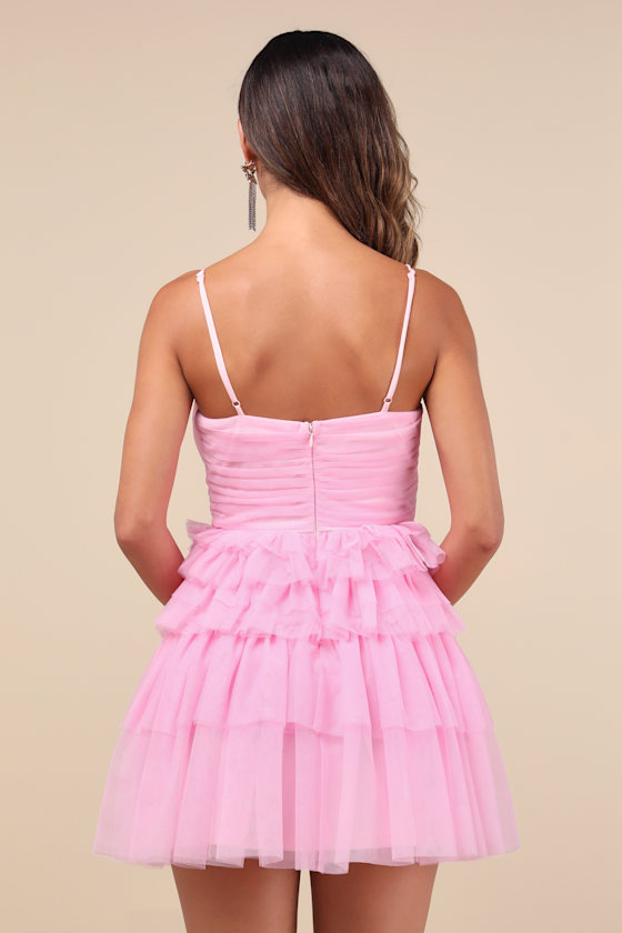 Special Poise Pink Tulle Pleated Sleeveless Tiered Mini Dress