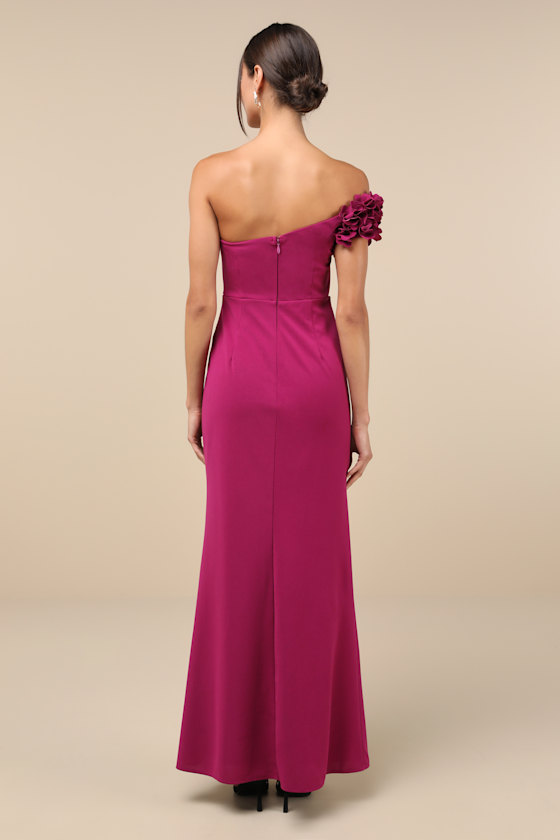 Beyond Elegant Magenta 3D Floral One-Shoulder Maxi Dress