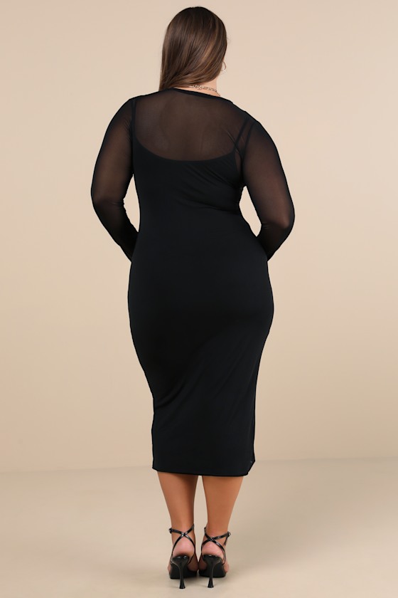 Perfect Plans Black Sheer Mesh Long Sleeve Bodycon Midi Dress