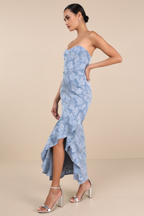 Mabriella Slate Blue Floral Burnout Ruffled Maxi Dress