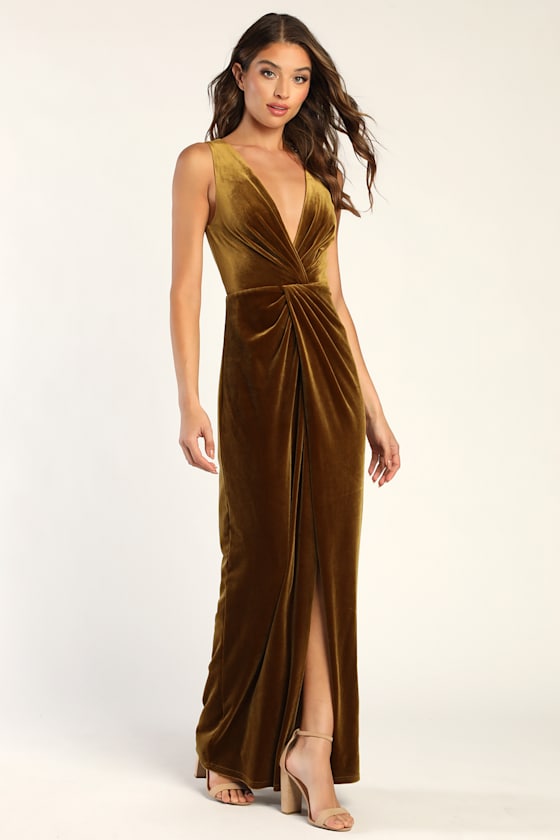 Beautiful Evenings Olive Green Velvet Twist-Front Maxi Dress