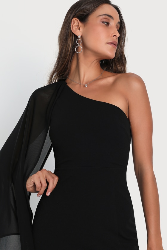 Majestic Attitude Black Cape Sleeve One-Shoulder Maxi Dress