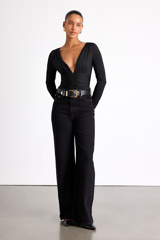 Naiari Black Slinky Knit Ruched Long Sleeve Bodysuit