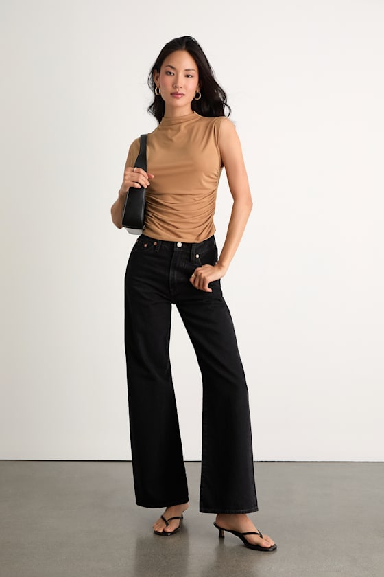 Avaina Tan Slinky Knit Ruched Mock Neck Sleeveless Top