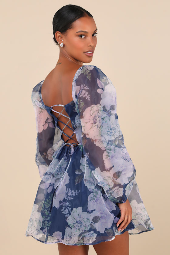 Positively Enchanting Blue Floral Organza Bustier Mini Dress