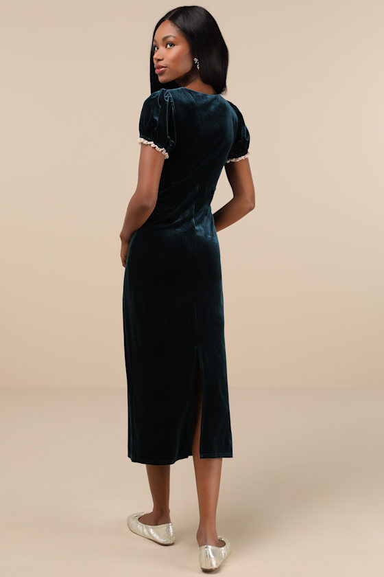Idyllic Poise Dark Teal Velvet Puff Sleeve Lace Midi Dress