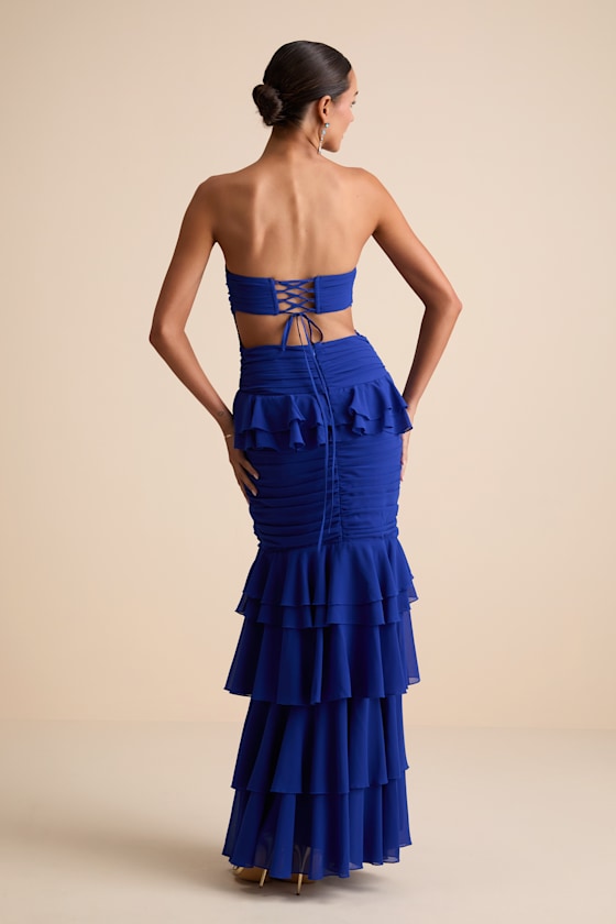 Loni Blue Strapless Ruffled Maxi Dress