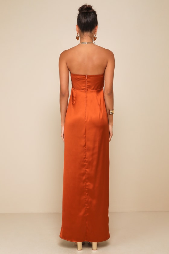 Memorable Entrance Rust Orange Strapless Satin Maxi Dress
