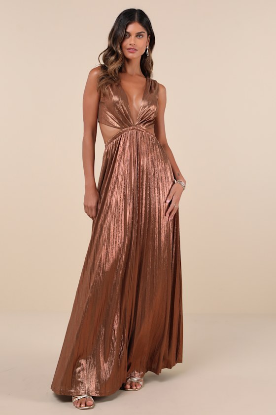 Shining Luxury Bronze Metallic Lurex Cutout Maxi Dress