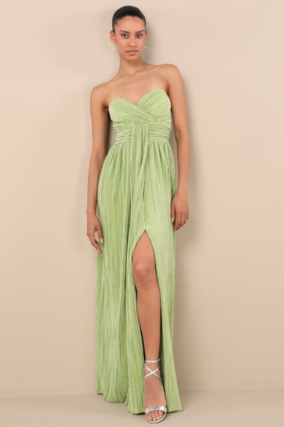 Oswin Lime Green Satin Plisse Strapless Maxi Dress