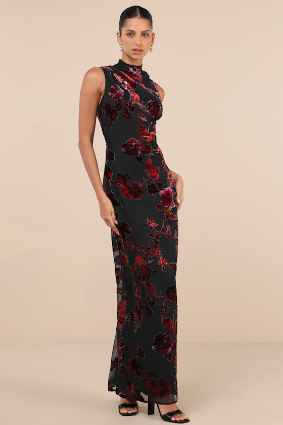 Composed Glamour Red and Black Burnout Velvet Maxi Dress