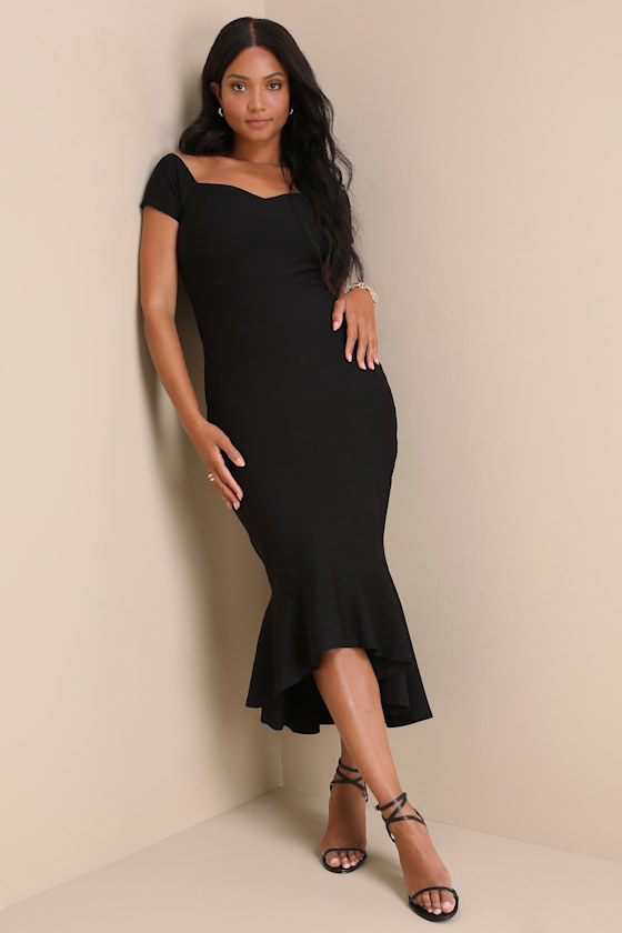 How Much I Care Black Off-the-Shoulder Midi Dress