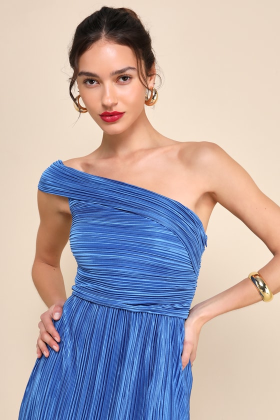 Poised Performance Blue Plisse One-Shoulder Maxi Dress