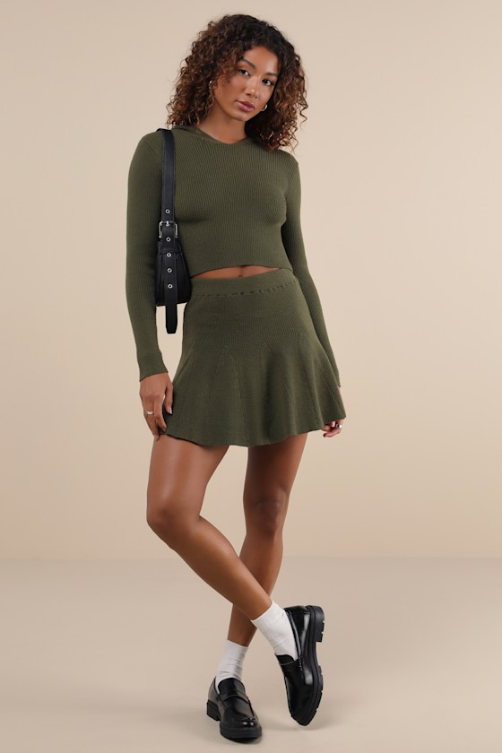 Delightful Duo Olive Ribbed Hooded Two-Piece Sweater Mini Dress