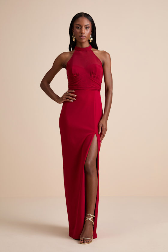 Baani Red Column Halter Maxi Dress